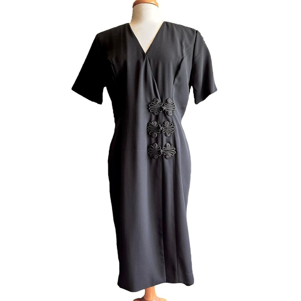 Ultra Dress New York Black Midi Tailored Dress With Unique Frogs/Closures Sz‎ 12